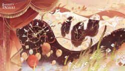 6+girls absurdres artist_request balloon castle clock confetti copyright_name curtains fish flower flying_fish highres infinity_nikki logo multiple_girls nikki_(series) official_art official_wallpaper second-party_source silhouette streamers sunset walking water wheat_field white_flower