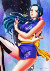 1girl blue_hair closed_mouth commentary_request crossed_arms eyelashes floating_hair hair_ribbon highres japanese_clothes kimono nico_robin one_piece oregano551 pink_lips pink_ribbon ponytail purple_kimono ribbon sash short_kimono sleeveless sleeveless_kimono solo twitter_username yellow_sash