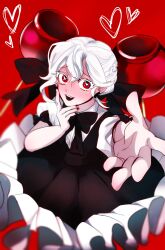1girl black_bow black_bowtie black_dress bow bowtie buttercream9627 candy_apple candy_apple_cookie candy_apple_hair_ornament commentary_request cookie_run cookie_run:_kingdom dress food highres humanization korean_commentary looking_at_viewer open_mouth puffy_sleeves red_eyes short_hair simple_background smile white_hair
