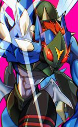 Rule 34 | blue skin, claws, colored skin, compound eyes, cowboy shot, digimon, digimon (creature), dinobeemon, dragon wings, highres, insect wings, multiple wings, pakotaroh, pink background, red eyes, simple background, solo, white wings, wings
