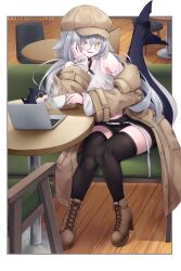 1girl absurdres alternate_costume bare_shoulders belt bespectacled black_ribbon black_shorts black_thighhighs blush boots border breasts brown_coat brown_jacket brown_shoes cabbie_hat casual cetacean_tail chair clothing_cutout coat coffee coffee_mug computer couch cross-laced_shoes cup detached_sleeves dorsal_fin fins fish_tail full_body glasses grey_hair hair_between_eyes hand_on_own_cheek hand_on_own_face hat head_rest high_heel_boots high_heels highres holding holding_cup indoors jacket lace-up_boots laptop long_hair long_sleeves looking_at_viewer mug multicolored_hair off_shoulder on_chair on_couch open_clothes open_coat open_jacket open_mouth ribbon round_eyewear rurune_(vrchat) shark_girl shark_tail shirt shoes short_shorts shorts shoulder_cutout sitting sleeveless sleeveless_shirt sleeves_past_wrists smile solo steam stuffed_animal stuffed_shark stuffed_toy table tail tail_ornament tail_ribbon tank_top teacup teeth thighhighs thighs trench_coat very_long_hair vrchat white_border white_shirt white_tank_top wide_sleeves wooden_floor yellow_eyes yuki_kawachi