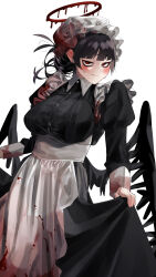 Rule 34 | 1girl, alternate costume, apron, black dress, black hair, black wings, blood, blood halo, blood on clothes, blue archive, blush, breasts, dress, enmaided, halo, hat, highres, large breasts, liquid halo, looking at viewer, low wings, maid, maid apron, mob cap, red eyes, saharasabaku8, simple background, solo, sweatdrop, tsurugi (blue archive), waist apron, white apron, white background, wings
