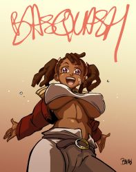 Rule 34 | 1girl, artist request, ayukawa miyuki, basquash!, black hair, black skin, breasts, brown hair, colored skin, dark-skinned female, dark skin, gradient background, happy, highres, jacket, large breasts, long hair, looking at viewer, navel, no bra, pink eyes, resized, shiny skin, smile, twintails, underboob, wide hips