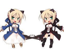 10s 2girls :d alternate_color animal_ears armor artoria_pendragon_(fate) blonde_hair blush cat_ears cat_tail chibi cosplay dual_persona fang fate/extra fate_(series) greaves green_eyes gun heinrike_prinzessin_zu_sayn-wittgenstein high-explosive_anti-tank_(warhead) machine_gun man-portable_anti-tank_systems multiple_girls nero_claudius_(fate) nero_claudius_(fate/extra)_(cosplay) noble_witches null_(nyanpyoun) open_mouth panzerfaust recoilless_gun saber_(fate) smile strike_witches tail weapon world_witches_series
