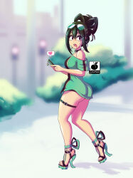 1girl alternate_costume alternate_hairstyle ass asui_tsuyu bare_shoulders black_eyes black_hair boku_no_hero_academia cellphone city dress earrings feet full_body glasses_on_head grass high_heels highres jewelry linkartoon looking_back necklace open_mouth phone road street text_messaging tongue tongue_out walking
