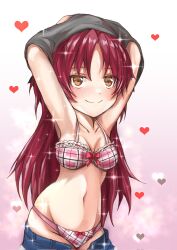 Rule 34 | bra, clothes lift, highres, light smile, long hair, looking at viewer, mahou shoujo madoka magica, navel, orange eyes, red hair, sakura kyoko, shirt lift, underwear, undressing, ura47869454