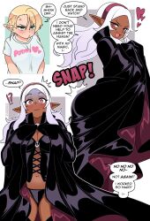 Rule 34 | 2girls, absurdres, black bustier, black cloak, blonde hair, blush, braid, cloak, dark-skinned female, dark elf, dark skin, elf, elf-san wa yaserarenai., elfuda (elf-san wa yaserarenai.), embarrassed, english text, hairband, highres, inconvenient ass, kuroeda (elf-san wa yaserarenai.), long hair, long pointy ears, mole, mole under eye, multiple girls, multiple views, nico-neko, pointy ears, shirt, skull ornament, smug, speech bubble, wardrobe malfunction, white hair, white shirt