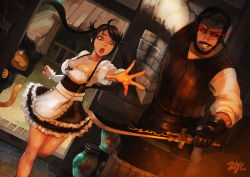 +21yc_(september_breeze) 1boy 1girl 21yc_(september_breeze) ahoge apron around_corner bare_legs beard black_gloves black_skirt blouse bodice bow breasts brown_hair cat cleavage cloak collarbone dark_skin doorway dutch_angle eyeliner facial_hair ferghus floating_hair frilled_skirt frills gloves glowing glowing_eye glowing_eyes green_eyes grin holding holding_sword holding_weapon indoors jar large_breasts lipstick long_hair long_sleeves lynn_(mabinogi) mabinogi mabinogi_heroes maid maid_apron makeup multiple_girls open_mouth outstretched_arm outstretched_hand parted_bangs puffy_sleeves red_eyes red_lips shield shirt signature skirt smile sword twintails underbust vest waist_apron weapon white_shirt