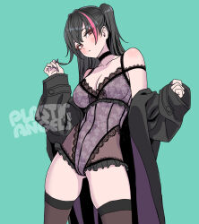 Rule 34 | 1girl, black coat, black hair, black thighhighs, breasts, brown eyes, character request, cleavage, closed mouth, coat, commentary request, covered navel, green background, highres, large breasts, light blush, lingerie, long hair, multicolored hair, off shoulder, open clothes, open coat, pink hair, plastic angels, simple background, solo, standing, streaked hair, thighhighs, underwear, yamashita shun&#039;ya