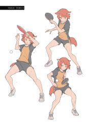 Rule 34 | 1boy, absurdres, animal ears, ball, dog ears, dog tail, full body, hands up, highres, kemono kinetic, male focus, mogumo, orange eyes, orange hair, paddle, shoes, short hair, short sleeves, shorts, simple background, sneakers, standing, sweat, table tennis ball, table tennis paddle, tail, v-shaped eyebrows, white background
