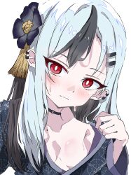 1girl absurdres amanotti_01 black_choker black_hair black_kimono blue_archive blush breasts choker closed_mouth collarbone commentary_request ear_piercing flower furisode hair_flower hair_ornament hairclip hairpin highres japanese_clothes kayoko_(blue_archive) kayoko_(new_year)_(blue_archive) kimono long_hair looking_at_viewer mole mole_on_collarbone multicolored_hair official_alternate_costume official_alternate_hairstyle piercing red_eyes small_breasts solo streaked_hair sweat swept_bangs white_hair yukata