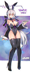 1girl ahoge animal_ear_hairband animal_ears babayaga_13lood between_breasts boots bow breasts commentary_request detached_collar detached_sleeves fake_animal_ears full_body hair_bow hairband high_heel_boots high_heels highres holding holding_tray jitome large_bow large_breasts leotard long_hair long_sleeves looking_to_the_side necktie necktie_between_breasts playboy_bunny rabbit_ear_hairband rabbit_ears red_eyes solo strapless strapless_leotard sweat thigh_boots tray very_long_hair vocaloid white_hair yowane_haku