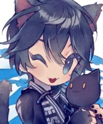 Rule 34 | 1boy, animal, animal ears, axia krone, black gloves, black jacket, cat, cat boy, cat ears, cat tail, fang, fingerless gloves, gloves, hair between eyes, holding, holding animal, holding cat, jacket, male focus, nijisanji, one eye closed, open mouth, short hair, skin fang, tail, virtual youtuber, zudzuki