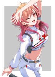 Rule 34 | 1girl, absurdres, black shoes, breasts, commentary, cropped shirt, deshihayashi18, earrings, gradient hair, hair ornament, heart, heart earrings, heart in eye, highres, hololive, hololive dev is, holster, ichijou ririka, ichijou ririka (regloss uniform), jewelry, long hair, long sleeves, multicolored hair, navel, one eye closed, open mouth, orange hair, pants, pink hair, red eyes, red nails, regloss (hololive), shirt, shoes, solo, symbol in eye, virtual youtuber, white pants, white shirt, zipper, zipper pull tab
