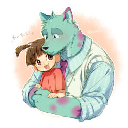 1boy 1girl animalization blue_eyes blue_hair boo_(monsters_inc.) brown_eyes brown_hair child commentary_request furry glasses james_p._sullivan kiri_futoshi monsters_inc. necktie partially_translated person_and_animalization personification short_hair short_sleeves short_twintails smile translation_request twintails vest