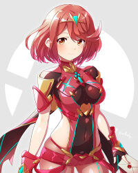 1girl armor arthur_ko backless_outfit black_gloves bob_cut breasts chest_jewel core_crystal_(xenoblade) earrings fingerless_gloves floating_earring gloves gluteal_fold highres impossible_clothes jewelry leotard medium_breasts nintendo pantyhose pantyhose_under_shorts pyra_(xenoblade) red_eyes red_hair red_leotard red_shorts short_hair short_sleeves shorts shoulder_armor smile solo super_smash_bros. swept_bangs tiara xenoblade_chronicles_(series) xenoblade_chronicles_2