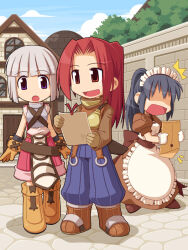 Rule 34 | :o, ^^^, apron, archer (ragnarok online), armor, belt, black hair, blossom (ragnarok online), blue pants, blue sky, blunt bangs, bob cut, boots, breastplate, brown belt, brown boots, brown dress, brown gloves, brown shirt, chibi, chibi only, cloud, cobblestone, day, dress, envelope, frilled apron, frills, full body, gloves, grey hair, high ponytail, holding, holding envelope, house, kafra uniform, key visual, long hair, long sleeves, maid, maid headdress, manila envelope, muneate, novice (ragnarok online), official art, open mouth, outdoors, pants, parted bangs, pelvic curtain, pink shorts, ponytail, promotional art, puffy short sleeves, puffy sleeves, purple eyes, ragnarok online, ragnarok online kafra quest, red eyes, red hair, shaded face, shirt, short hair, short sleeves, shorts, sky, sleeveless, sleeveless shirt, smile, standing, third-party source, tree, white apron, white gloves, white shirt, yuichirou