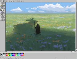 1other art_program_in_frame black_cloak christian_young cloak cloud cloudy_sky commentary day english_commentary flower full_body holding holding_staff hood hood_up horizon landscape meadow microsoft_paint_(medium) microsoft_paint_(software) microsoft_windows orange_flower original outdoors painterly purple_flower scenery screencap shadow sky staff standing too_many_flowers windows_98 windows_classic