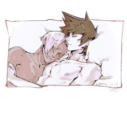 2boys acer_findo closed_eyes closed_mouth collarbone commentary couple curtained_hair dark-skinned_male dark_skin frown greyscale hades_(series) hades_1 hand_on_another&#039;s_arm highres lying male_focus monochrome multiple_boys nipples nude on_back parted_lips pectorals short_hair sleeping teeth thanatos_(hades) yaoi zagreus_(hades)