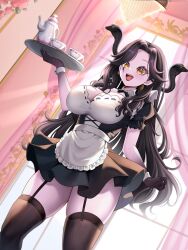 1girl absurdres apron biyo_yoo black_bow black_bowtie black_dress black_hair bow bowtie breasts cleavage collar colored_extremities colored_skin cup curtains dress earrings facial_mark garter_straps gold_earrings highres holding holding_tray indie_virtual_youtuber jewelry large_breasts long_hair maid open_mouth purple_skin second-party_source smile solo teacup teapot thighhighs tray vexoria_the_sun_eater virtual_youtuber white_apron white_collar white_wrist_cuffs wrist_cuffs yellow_eyes