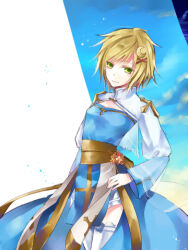 Rule 34 | 1girl, arch bishop (ragnarok online), blonde hair, blue dress, blue sky, breasts, cleavage cutout, closed mouth, clothing cutout, commentary request, cowboy shot, crescent, crescent hair ornament, cross, dress, flower, green eyes, hair ornament, juliet sleeves, long sleeves, looking at viewer, lowres, pink flower, puffy sleeves, ragnarok online, sash, short hair, sky, small breasts, smile, solo, thighhighs, two-tone dress, wane (ruki), white dress, white thighhighs, x hair ornament, yellow sash