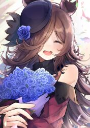 Rule 34 | 1girl, blue flower, bouquet, brown hair, closed eyes, detached sleeves, flower, hair over one eye, highres, holding, holding bouquet, long hair, open mouth, rice shower (umamusume), smile, solo, umamusume, upper body, yu-muge
