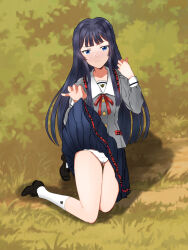 1girl black_skirt blue_eyes blunt_bangs blush breasts bush buttons closed_mouth collar dot_nose full_body grey_serafuku hair_over_breasts hair_over_shoulder highres idolmaster idolmaster_million_live! idolmaster_million_live!_theater_days junior_high_schoolmate_(idolmaster) kneeling lifting_own_clothes loafers long_hair long_sleeves looking_at_viewer mogami_shizuka neck_ribbon on_grass panties pleated_skirt pocket red_ribbon ribbon school_uniform serafuku shoes sidelocks skirt small_breasts socks solo straight_hair underwear v-shaped_eyebrows very_long_hair white_collar white_panties white_socks yo_hae_you