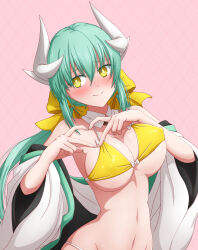 Rule 34 | 1girl, bare shoulders, bikini, blush, bow, breasts, cleavage, closed mouth, detached collar, dragon girl, dragon horns, fate/grand order, fate (series), green hair, hair bow, hasebe akira, heart, heart hands, highres, horns, japanese clothes, kimono, kiyohime (fate), kiyohime (swimsuit lancer) (first ascension) (fate), large breasts, long hair, long sleeves, looking to the side, off shoulder, smile, solo, swimsuit, white kimono, wide sleeves, yellow bikini, yellow bow, yellow eyes