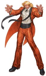 1boy absurdres armband black_armband blonde_hair capcom_vs_snk evil_smile facial_hair fingerless_gloves game_cg gloves highres legs_apart looking_to_the_side male_focus mustache nishimura_kinu non-web_source official_art outstretched_arms pants red_eyes red_pants rugal_bernstein shirt simple_background smile solo standing the_king_of_fighters tuxedo white_background