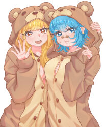 2girls :d alternate_costume animal_costume asahina_yuni bandaid bandaid_on_face bandaid_on_nose bear_costume blonde_hair blush breasts cleavage green_eyes green_hair hand_up highres kyou_wa_kanojo_ga_inai_kara large_breasts multiple_girls open_mouth orange_eyes rorol_reime shiny_skin simple_background smile standing taki_fuuko