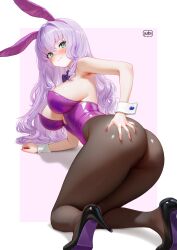 Rule 34 | 1girl, absurdres, all fours, animal ear hairband, animal ears, armpit crease, ass, black pantyhose, black shoes, blush, border, bow, bowtie, breasts, commentary, detached collar, english commentary, fake animal ears, from behind, grabbing own ass, green eyes, hair between eyes, hairband, high heels, highleg, highleg leotard, highres, indie virtual youtuber, large breasts, leotard, lili morgaine, long hair, looking at viewer, pantyhose, pink background, playboy bunny, purple bow, purple bowtie, purple hair, purple leotard, purple nails, rabbit ear hairband, rabbit ears, regiana (jubi), second-party source, shoes, sideboob, solo, strapless, strapless leotard, virtual youtuber, wavy mouth, white border, white wrist cuffs, wrist cuffs