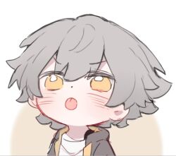 Rule 34 | 1boy, blush, caelus (honkai: star rail), chibi, chinese commentary, coat, commentary request, grey coat, grey hair, hair between eyes, honkai: star rail, honkai (series), hood, hooded coat, leonrui, long sleeves, looking up, male focus, open clothes, open coat, shirt, short hair, solo, t-shirt, tongue, tongue out, trailblazer (honkai: star rail), two-sided coat, two-sided fabric, two-tone background, upper body, v-shaped eyebrows, white background, white shirt, yellow background, yellow coat, yellow eyes