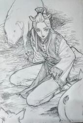 1girl 59awakadoy boots chinese_clothes commentary_request forehead full_body greyscale hairstyle_request hay long_sleeves looking_at_viewer monochrome on_floor original pants pelvic_curtain pig seiza sitting sketch sleeves_past_wrists traditional_media wide_sleeves
