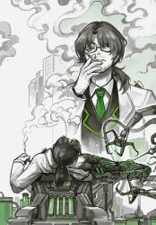 1boy black_jacket brown_eyes building cigarette coat commentary flaw_eight glasses green_necktie green_trim gregor_(project_moon) jacket k_corp._(identity)_(project_moon) lab_coat lapels limbus_company low_ponytail mechanical_arms multiple_views necktie notched_lapels parted_bangs parted_lips ponytail project_moon shirt single_mechanical_arm smoke smoking surgery white_coat white_shirt