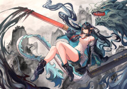 1girl absurdres arknights asakara bare_shoulders beads black_hair blue_hair colored_extremities commentary dragon dragon_girl dragon_horns dragon_tail dress dusk_(arknights) earrings eastern_dragon flying full_body hair_over_one_eye highres holding holding_sheath holding_sword holding_weapon horns huge_weapon jewelry knees_together_feet_apart long_hair multicolored_hair one_eye_covered orange_eyes outdoors pointy_ears scabbard sheath simple_bird sleeveless sleeveless_dress solo sword tail unsheathed very_long_hair weapon white_dress