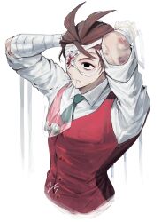 1boy absurdres ace_attorney apollo_justice arms_up bandage_over_one_eye bandaged_arm bandages black_eyes brown_hair bruise bruise_on_arm bruise_on_neck collared_shirt cropped_torso eye_injury forked_eyebrows gkt_eo green_necktie highres injury lighter male_focus necktie phoenix_wright:_ace_attorney_-_dual_destinies red_vest shirt short_hair signature solo vest white_shirt