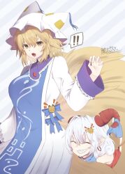 ! !! 2girls ^_^ animal_ears artist_name blonde_hair blue_bow blue_ribbon blue_tabard bow breasts closed_eyes collar diagonal-striped_background dress fangs fingernails fox_ears fox_girl fox_hair_ornament fox_tail frilled_collar frilled_sleeves frills grin hair_intakes hand_up hat hat_tassel highres horn_ornament horn_ribbon horns kitsune kyuubi large_breasts long_fingernails long_sleeves looking_at_another medium_hair mob_cap multiple_girls multiple_tails open_mouth pointy_ears red_horns ribbon sharp_teeth sheep_horns short_hair smile spoken_exclamation_mark standing striped_background syachitaromaru tabard tail teeth touhou toutetsu_yuuma unfinished_dream_of_all_living_ghost white_dress white_hair white_hat wide_sleeves yakumo_ran yellow_eyes