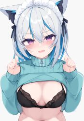 1girl animal_ear_fluff animal_ears black_bra blue_hair blue_jacket blue_nails blush bow bow_bra bra breasts clothes_lift commentary_request fangs grey_background grey_hair hair_between_eyes hands_up highres jacket jacket_lift jersey_maid lifting_own_clothes long_sleeves looking_at_viewer maid maid_headdress medium_breasts multicolored_hair nail_polish navel nibiiro_shizuka open_mouth original puffy_long_sleeves puffy_sleeves purple_eyes sleeves_past_wrists small_sweatdrop solo streaked_hair sweat track_jacket two-tone_hair unconventional_maid underwear upper_body