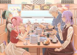 2boys 2girls ahoge anaxa_(honkai:_star_rail) aqua_eyes aqua_hair bag beret blue_hoodie blue_pants brown_dress castorice_(honkai:_star_rail) commentary dress dromas_(honkai:_star_rail) food food_request green_hair handbag hat holding holding_phone holding_plate holding_toy honkai:_star_rail honkai_(series) hood hoodie hyacine_(honkai:_star_rail) indoors long_hair makizushi medium_hair menu_board multicolored_hair multiple_boys multiple_girls pants phainon_(honkai:_star_rail) phone pink_hair plate purple_eyes purple_hair red_shirt restaurant shirt short_hair sitting skirt sushi toy tsunagari448 twintails twitter_username two-tone_hair watch white_hair white_skirt wristwatch