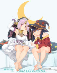 Rule 34 | 10s, 2girls, absurdres, alexis (ssss.gridman), alexis kerib, ankle wrap, bandaged leg, bandages, bare legs, bare shoulders, barefoot, black choker, black hair, black hat, bottomless, breasts, choker, chomusuke, cleavage, cosplay, crescent, crossed ankles, dress, elbow gloves, fate (series), feet, frankenstein&#039;s monster (fate), frankenstein&#039;s monster (fate) (cosplay), gloves, gridman universe, hair ornament, halloween, hand on own cheek, hand on own face, hat, hat ornament, highres, horns, justin leyva (steamy tomato), kono subarashii sekai ni shukufuku wo!, large breasts, light purple hair, looking at viewer, medium breasts, megumin, megumin (cosplay), multiple girls, purple eyes, red eyes, see-through clothes, see-through cleavage, shinjou akane, short hair, single horn, sitting, smile, ssss.gridman, takarada rikka, toes, v, white background, white dress, white gloves, witch hat