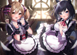2girls :d amahara_pekozaemon animal_ears apron black_bow black_hair blue_eyes blurry blurry_background blush bow breasts brown_eyes brown_hair buttons center_frills commentary_request day depth_of_field eishin_flash_(umamusume) frills hair_between_eyes hair_bow highres horse_ears horse_girl horse_tail indoors large_breasts long_hair long_sleeves multiple_girls open_mouth pink_bow puffy_short_sleeves puffy_sleeves short_hair short_sleeves smart_falcon_(umamusume) smile sunlight tail twintails umamusume white_apron wrist_cuffs