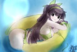 1girl alternate_hairstyle arm_support ass bikini bikini_top_pull breast_press breasts bursting_breasts cleavage from_side green_bikini hair_ribbon highres large_breasts legs long_hair looking_at_viewer lying nakoruru on_stomach pink_lips pool purple_eyes purple_hair ribbon samurai_spirits side-tie_bikini_bottom sideboob smile snk solo swim_ring swimsuit teasing the_king_of_fighters thighs traditional_media twintails untied_bikini very_long_hair water