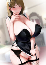 1girl bare_arms black_dress black_garter_belt black_garter_straps blurry blurry_background blush breasts brown_eyes brown_hair cleavage closed_mouth clothes_pull commentary_request covered_erect_nipples dress dress_pull fishnet_thighhighs fishnets garter_belt garter_straps highres huge_breasts indoors long_hair looking_at_viewer maid_headdress original rara8hachi solo standing thighhighs