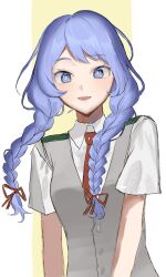 Rule 34 | 1girl, aged down, blue eyes, blue hair, blush, boku no hero academia, bow, breasts, collared shirt, grey vest, hado nejire, hair bow, hair ornament, highres, long hair, looking at viewer, necktie, neko meshi222, open mouth, red bow, red necktie, school uniform, shirt, simple background, smile, solo, twintails, u.a. school uniform, upper body, vest, white shirt