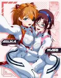 2girls absurdres ass blue_eyes blue_hairband bodysuit breasts brown_hair character_name evangelion:_3.0+1.0_thrice_upon_a_time eyepatch glasses hairband hairpods highres long_hair looking_at_viewer low_twintails makinami_mari_illustrious mecha_pilot_suit medium_breasts multiple_girls neon_genesis_evangelion open_mouth orange_hair outstretched_arm pink_background plugsuit_(evangelion) rebuild_of_evangelion red-framed_eyewear selfie souryuu_asuka_langley twintails two_side_up vraxtal white_bodysuit