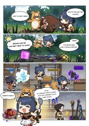 1boy 1girl absurdres blue_hair chibi chinese_clothes cooking english_text genshin_impact guoba_(genshin_impact) hair_ornament hair_rings hammer highres official_art pig pork pot red_panda short_hair staff xiangling_(genshin_impact) yellow_eyes
