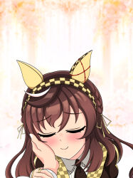 1girl absurdres blush braid brown_hair buena_vista_(umamusume) closed_eyes closed_mouth commentary_request hair_between_eyes hair_ornament hairband highres horse_girl long_hair looking_at_viewer necktie portrait pov pov_hands simple_background solo sweetbubble tears umamusume