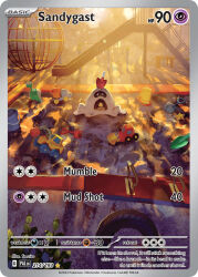 artist_name bucket card_(medium) character_name company_name copyright_name copyright_notice english_text full_body gen_7_pokemon nintendo no_humans official_art plant playground pokemon pokemon_(creature) pokemon_card pokemon_focus pokemon_tcg sad sand sandbox sandygast shovel slide solo sunlight teeziro third-party_source toy trading_card unused_tire