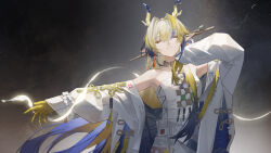 1girl absurdres arknights armpits bare_shoulders bead_bracelet beads blonde_hair blue_hair bracelet closed_eyes colored_extremities colored_skin dragon_horns earrings eyeshadow facing_viewer gradient_background grey_background hair_ornament hair_stick hand_up highres horns jacket jewelry magic makeup multicolored_hair necklace pants parted_lips pointy_ears red_eyeshadow shirt shu_(arknights) sleepless_(wrysmile) sleeves_past_fingers sleeves_past_wrists solo strapless tassel tassel_earrings tube_top upper_body white_jacket white_pants white_shirt yellow_skin