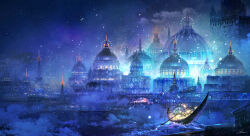 absurdres architecture boat building cityscape dome fantasy fog highres kurasuta no_humans original scenery sky skyline star_(sky) starry_sky water watercraft